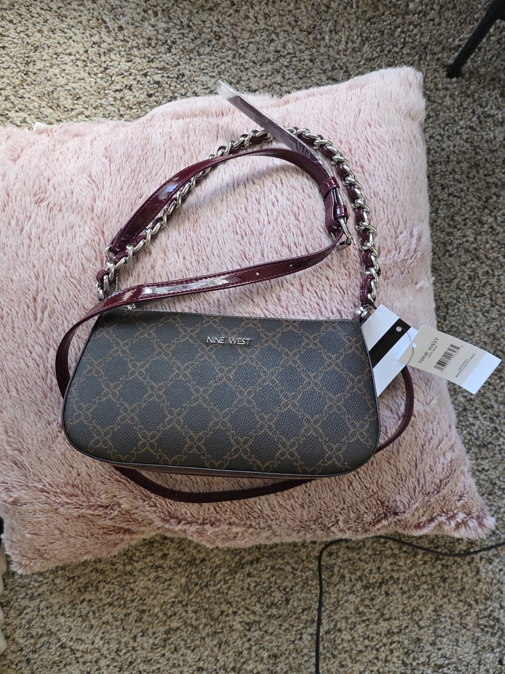 Nine West Brown Logo Crossbody Bag with Burgundy Strap